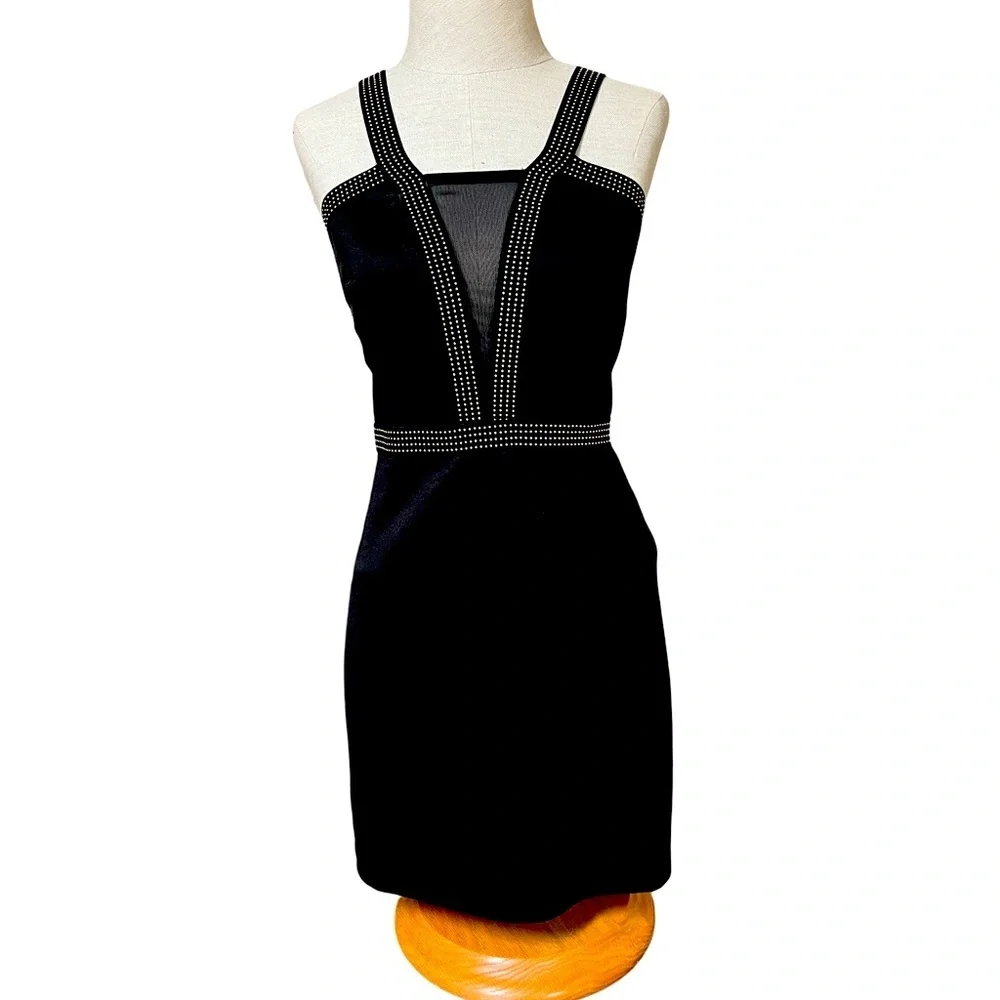 Forever 21 Black Halter Bodycon Mini Dress Gold Accents & Zipper Cut-Out Back -S